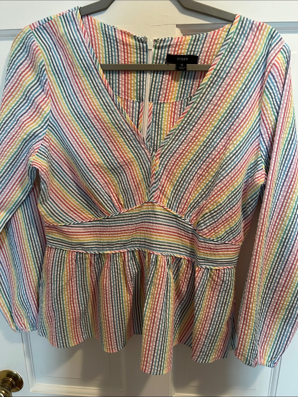J. Crew Striped V-Neck Peplum Blouse in Rainbow Stripes